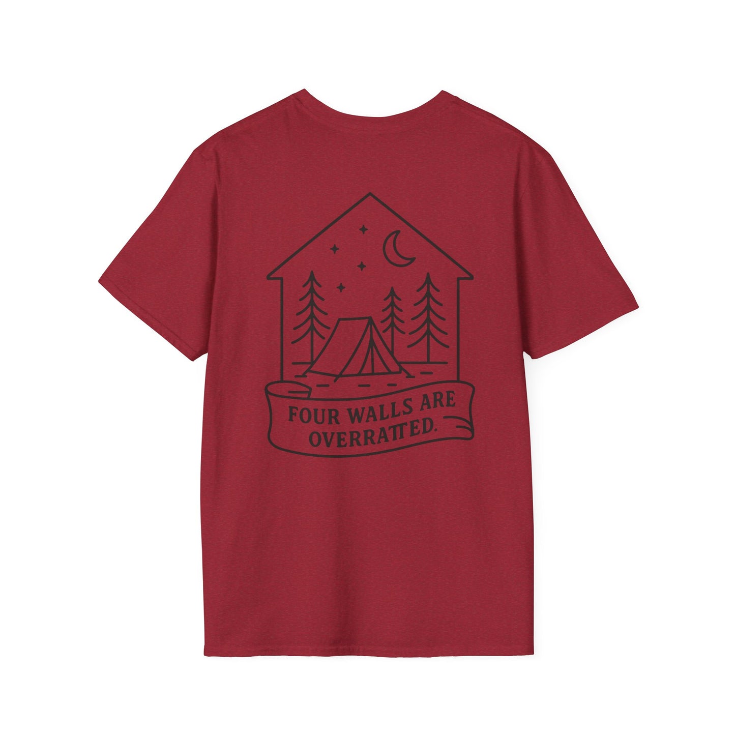 Adventure Awaits Unisex Softstyle T-Shirt - 'Four Walls Are Overrated' Camp Vibe Tee