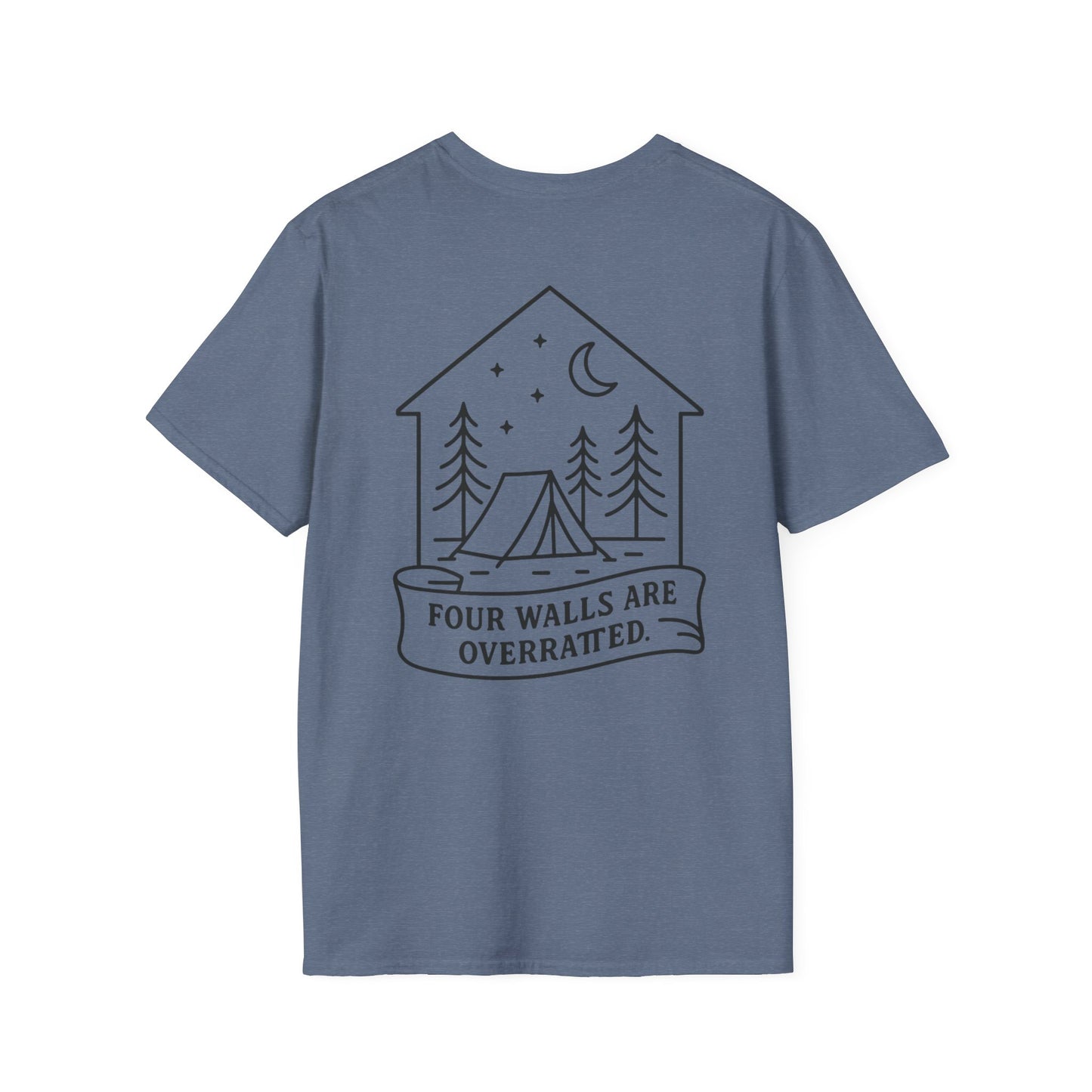 Adventure Awaits Unisex Softstyle T-Shirt - 'Four Walls Are Overrated' Camp Vibe Tee