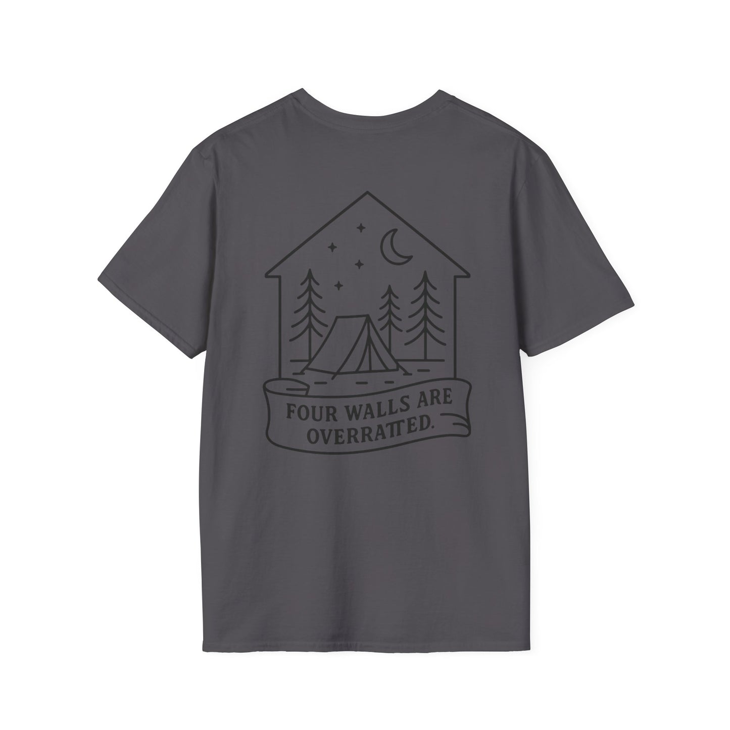Adventure Awaits Unisex Softstyle T-Shirt - 'Four Walls Are Overrated' Camp Vibe Tee