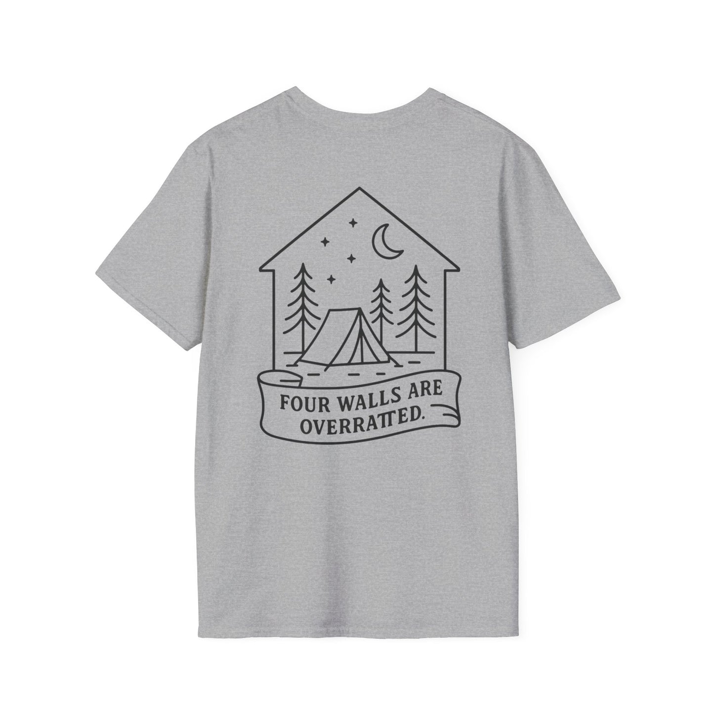 Adventure Awaits Unisex Softstyle T-Shirt - 'Four Walls Are Overrated' Camp Vibe Tee