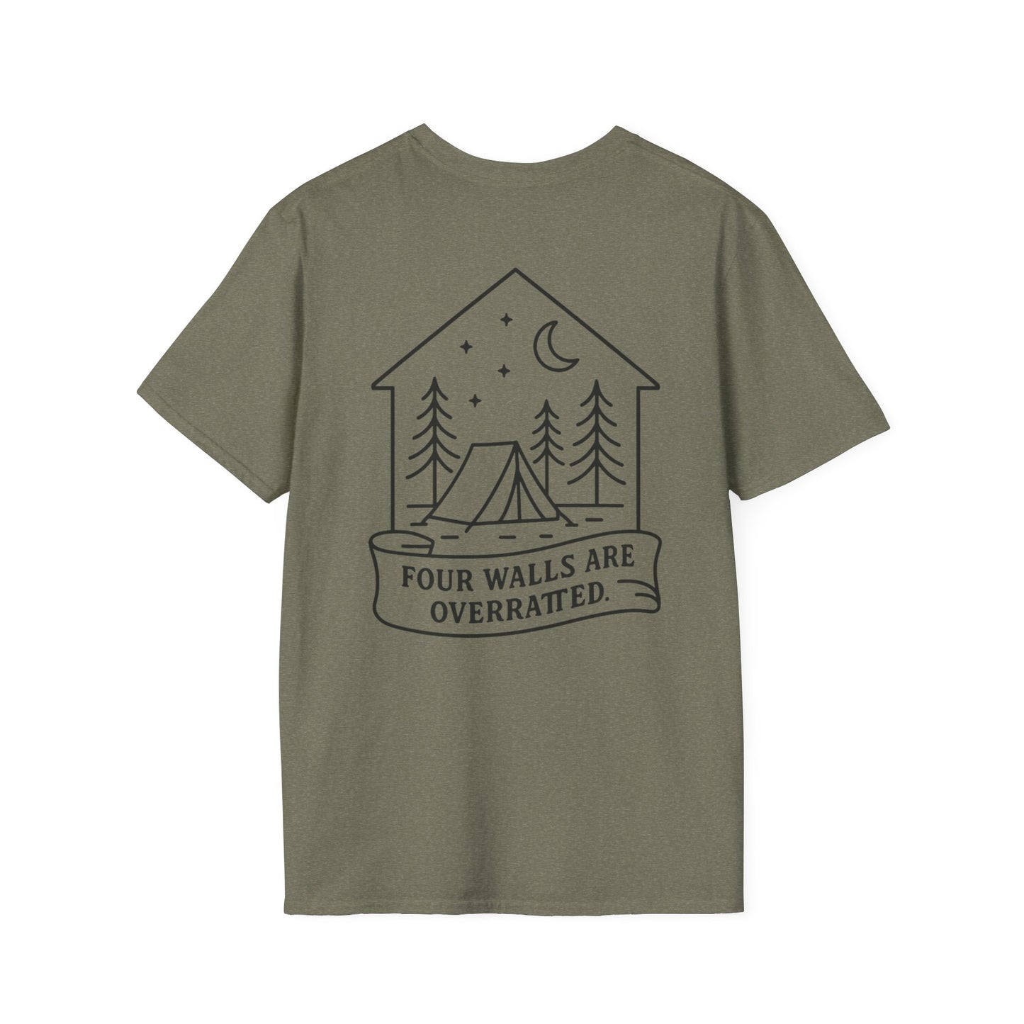 Adventure Awaits Unisex Softstyle T-Shirt - 'Four Walls Are Overrated' Camp Vibe Tee