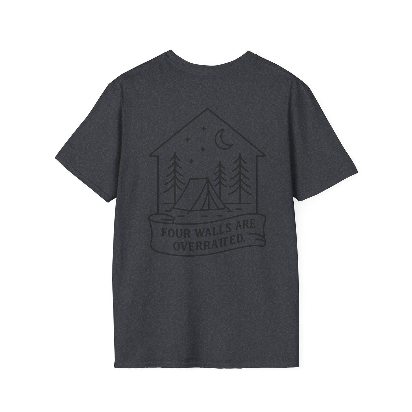 Adventure Awaits Unisex Softstyle T-Shirt - 'Four Walls Are Overrated' Camp Vibe Tee