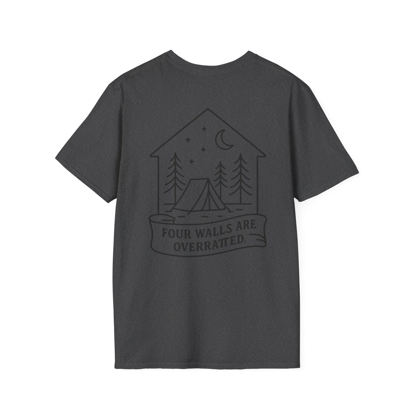 Adventure Awaits Unisex Softstyle T-Shirt - 'Four Walls Are Overrated' Camp Vibe Tee