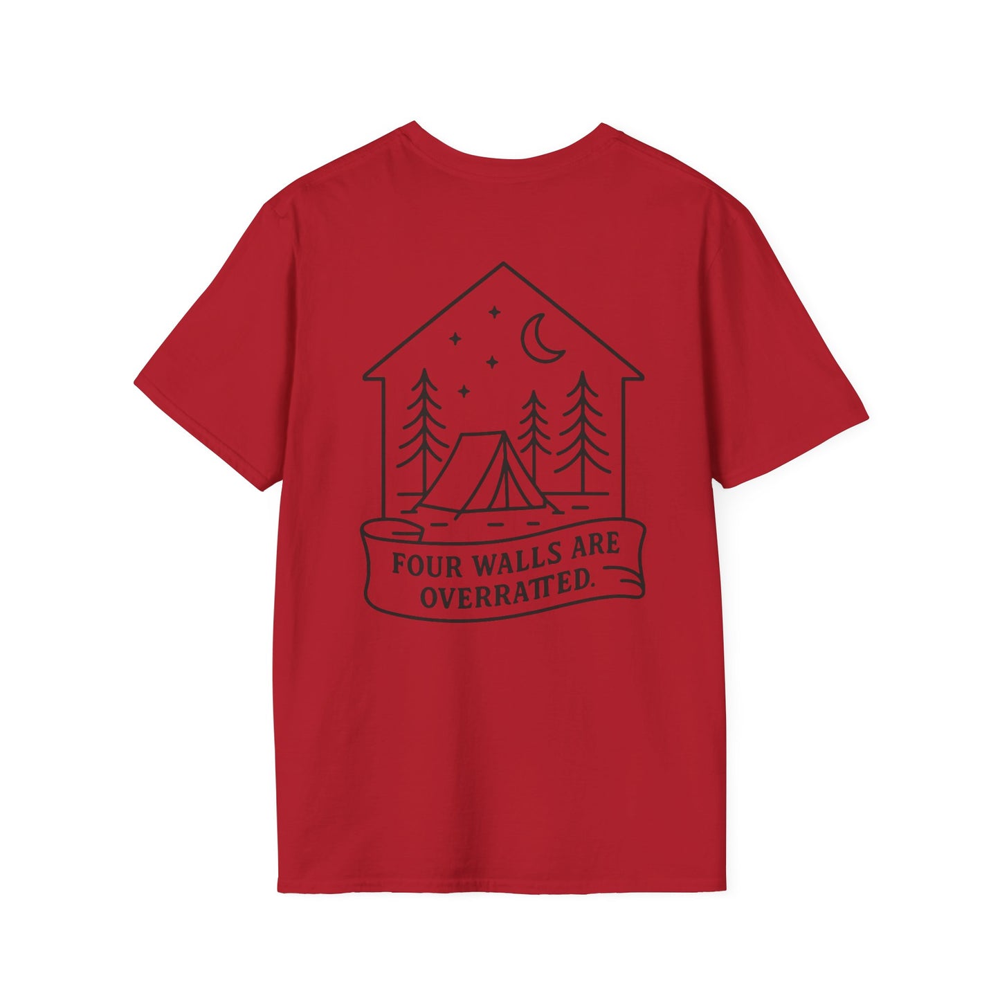 Adventure Awaits Unisex Softstyle T-Shirt - 'Four Walls Are Overrated' Camp Vibe Tee