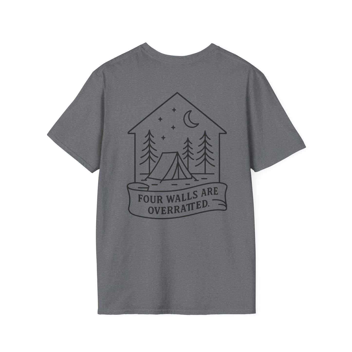 Adventure Awaits Unisex Softstyle T-Shirt - 'Four Walls Are Overrated' Camp Vibe Tee