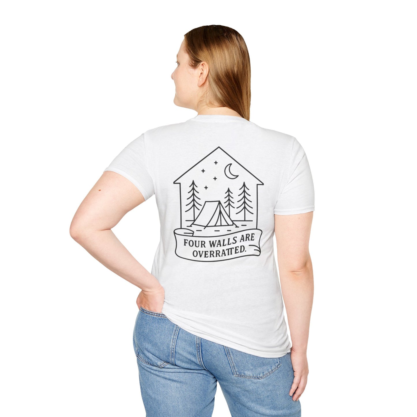Adventure Awaits Unisex Softstyle T-Shirt - 'Four Walls Are Overrated' Camp Vibe Tee