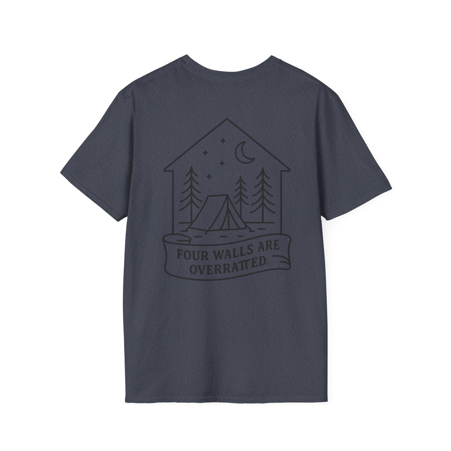 Adventure Awaits Unisex Softstyle T-Shirt - 'Four Walls Are Overrated' Camp Vibe Tee