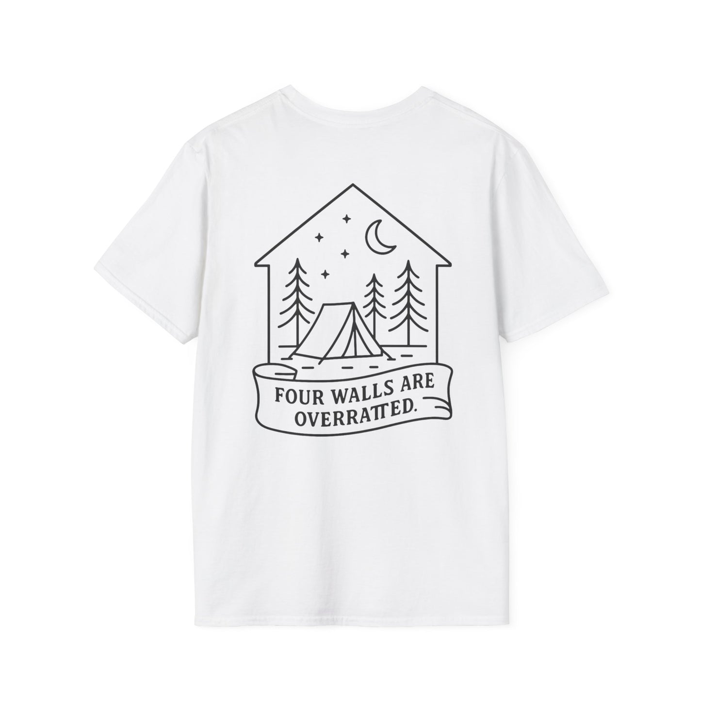 Adventure Awaits Unisex Softstyle T-Shirt - 'Four Walls Are Overrated' Camp Vibe Tee