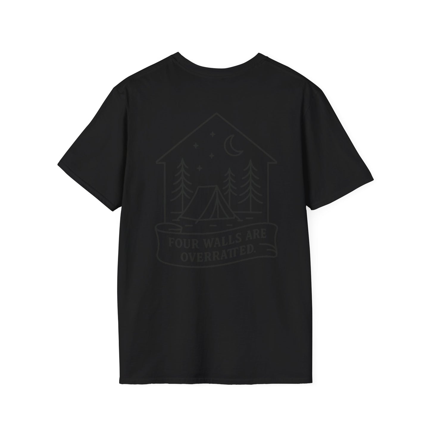 Adventure Awaits Unisex Softstyle T-Shirt - 'Four Walls Are Overrated' Camp Vibe Tee
